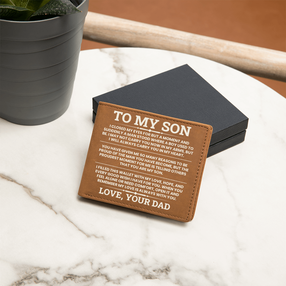 To My Son Leather Wallet, From Dad Gift, Meaningful Graduation or Birthday Gift for Son, Inspirational Wallet Keepsake