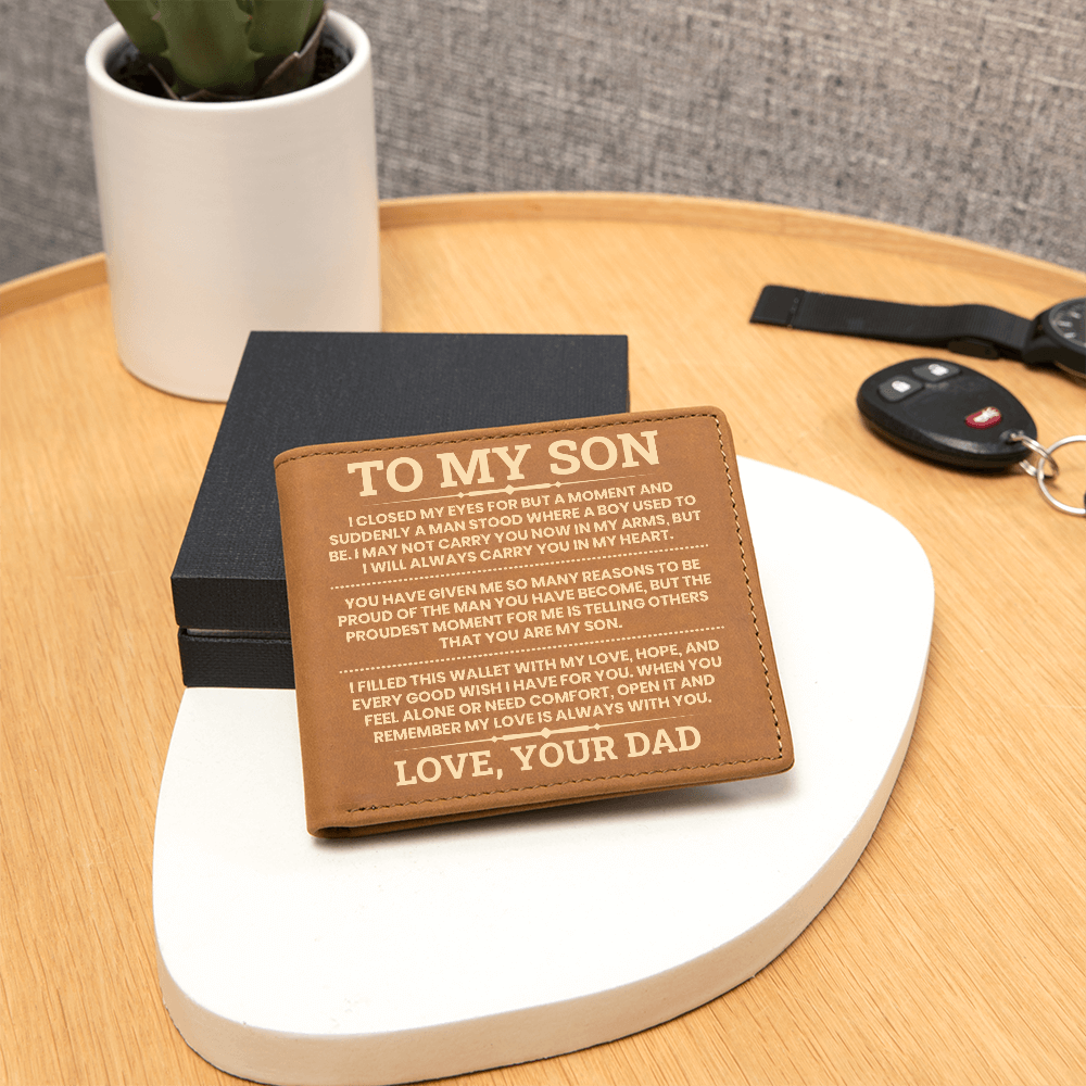 To My Son Leather Wallet, From Dad Gift, Meaningful Graduation or Birthday Gift for Son, Inspirational Wallet Keepsake