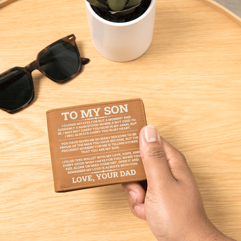 To My Son Leather Wallet, From Dad Gift, Meaningful Graduation or Birthday Gift for Son, Inspirational Wallet Keepsake