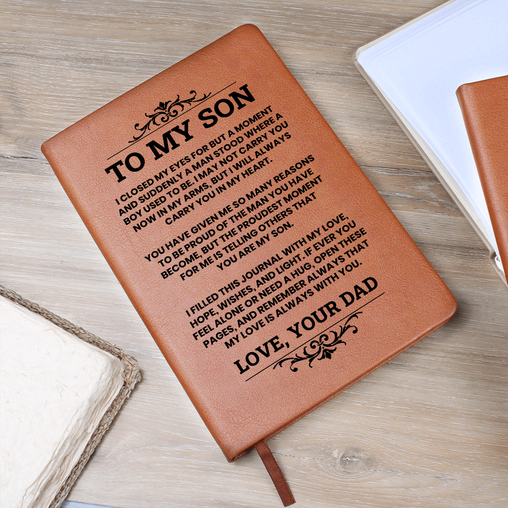 To My Son Leather Journal, From Dad Inspirational Journal Gift, Meaningful Graduation or Birthday Keepsake for Son