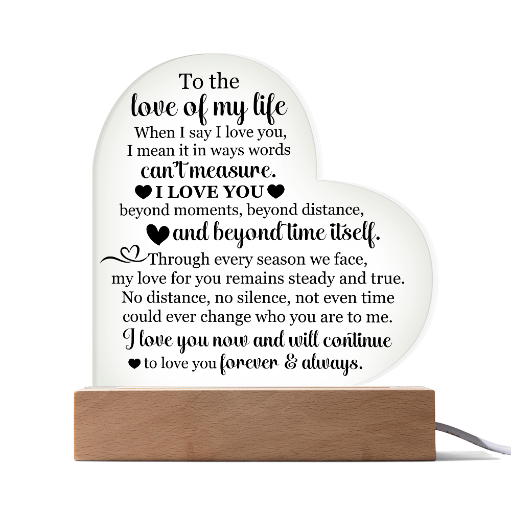 To the Love of My Life Heart Acrylic Plaque, Romantic LED Light Gift for Wife or Partner, Meaningful Anniversary Keepsake
