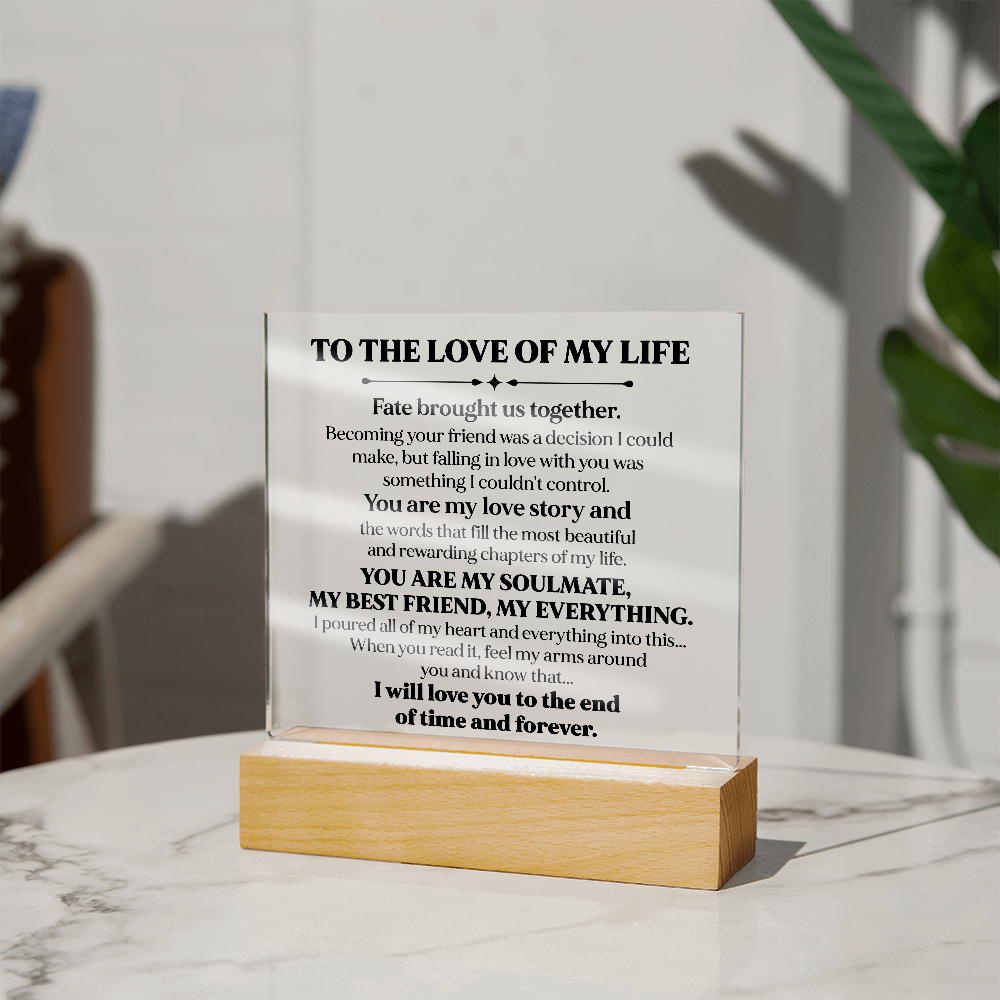 To My Soulmate Square Acrylic Plaque, Romantic LED Light Love Gift, Timeless Keepsake for Wife, Husband, or Partner