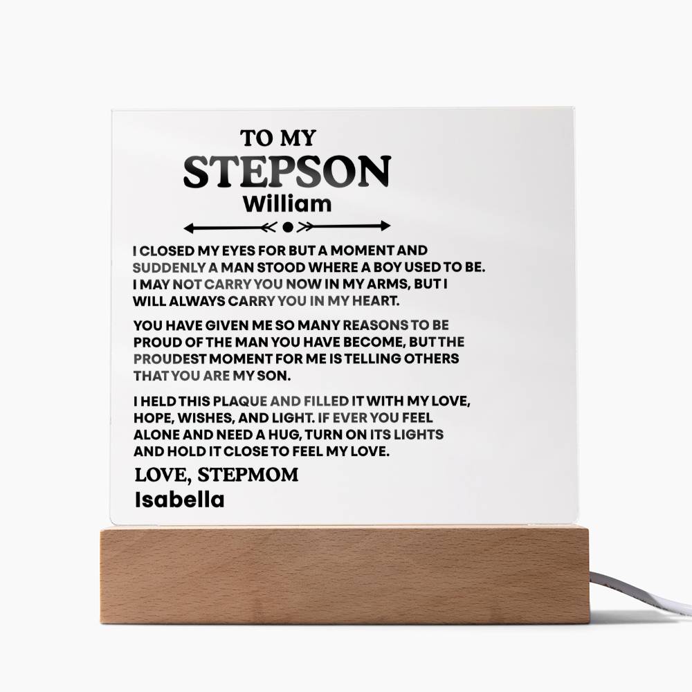 To My Stepson Acrylic Plaque from Stepmom and Stepdad – Personalized LED Night Light Gift for Stepson
