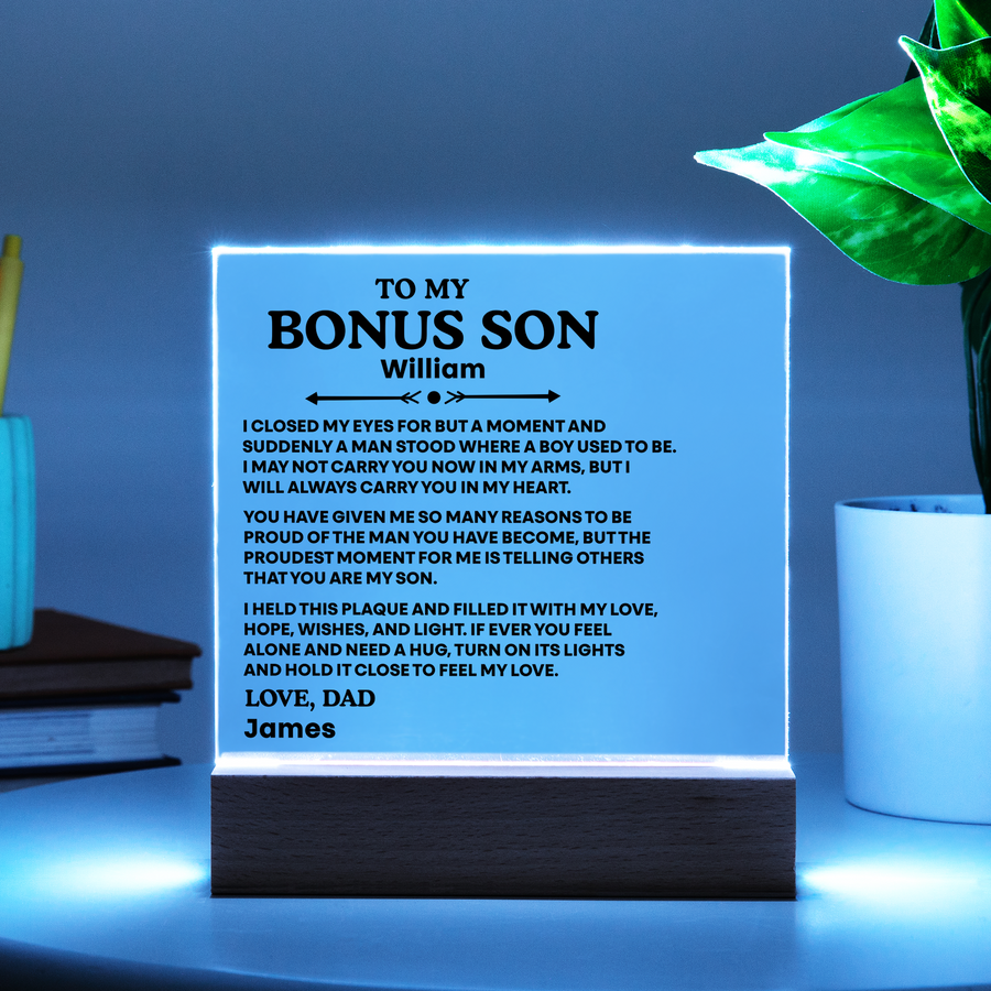 To My Bonus Son Acrylic Plaque from Mom and Dad – Personalized LED Night Light Emotional Gift for Bonus Son