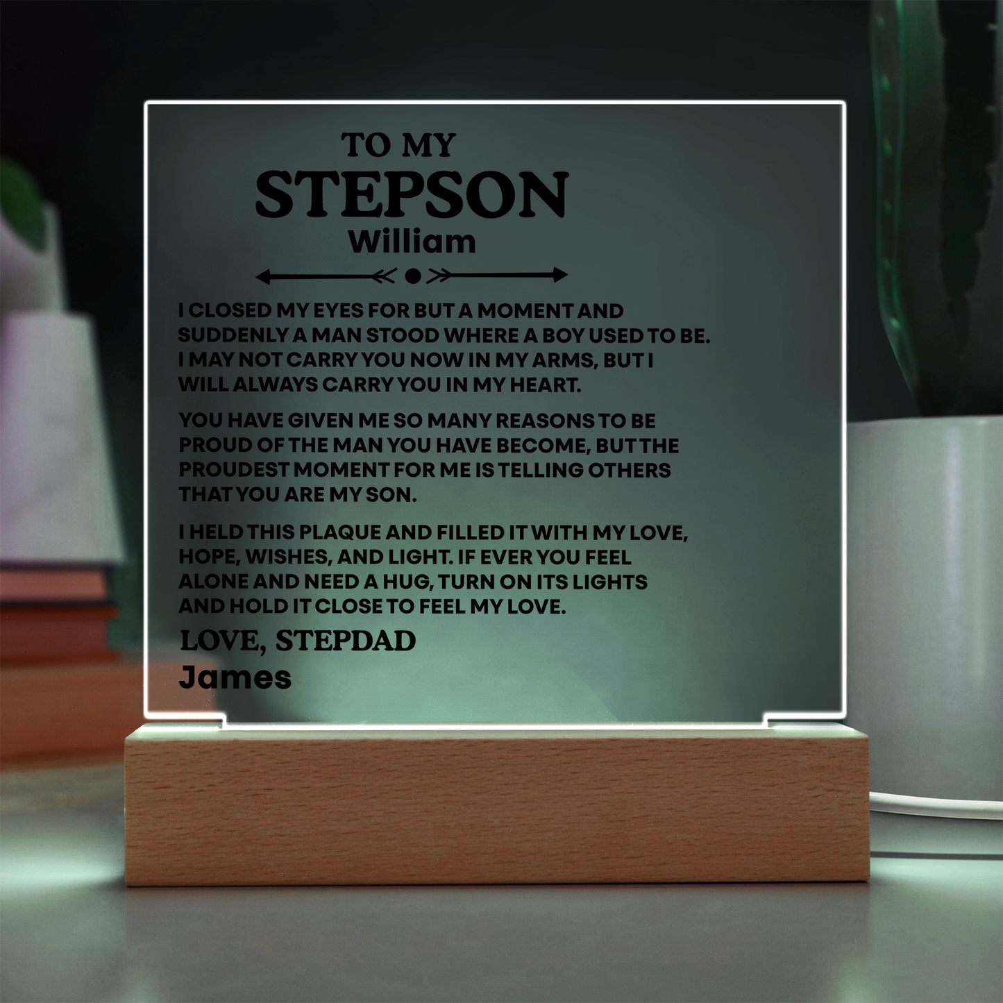 To My Stepson Acrylic Plaque from Stepmom and Stepdad – Personalized LED Night Light Gift for Stepson