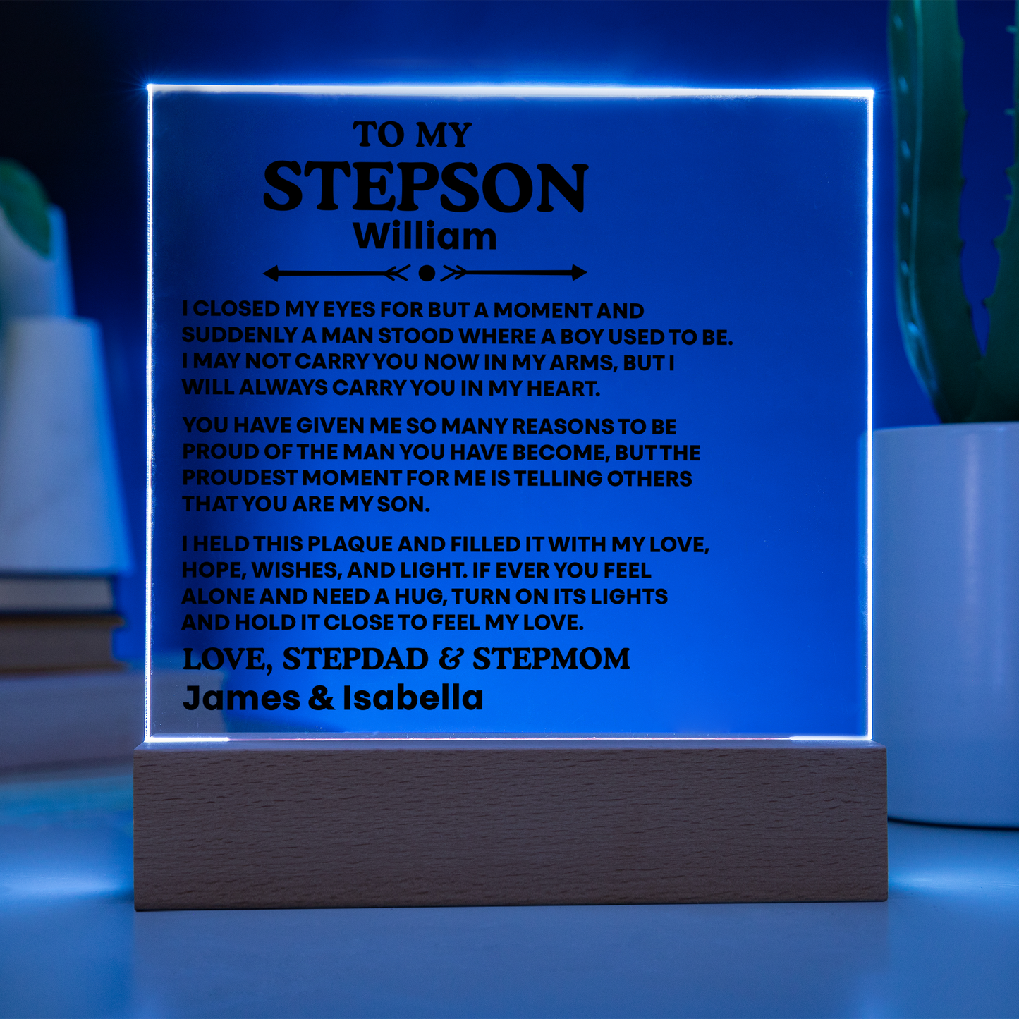 To My Stepson Acrylic Plaque from Stepmom and Stepdad – Personalized LED Night Light Gift for Stepson