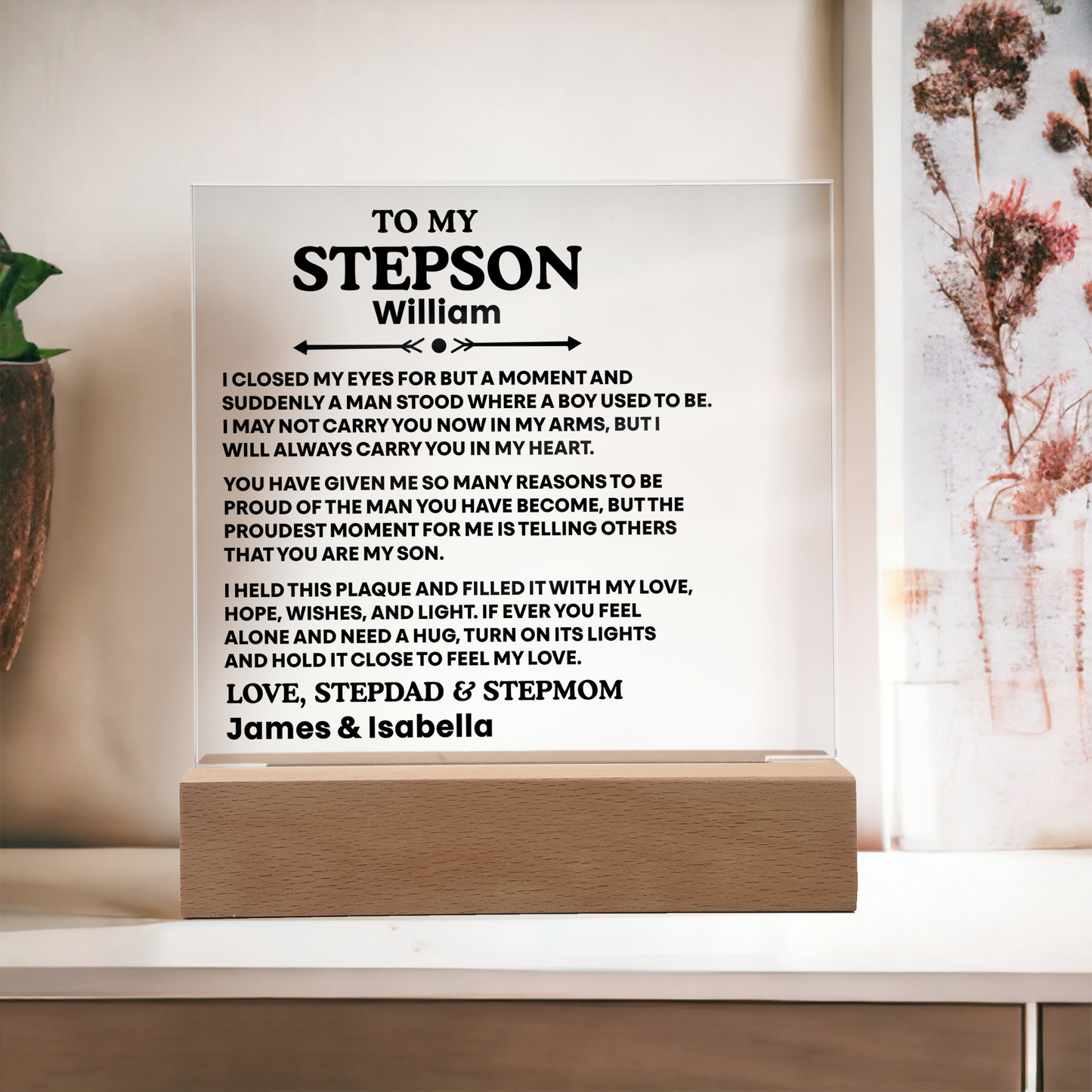 To My Stepson Acrylic Plaque from Stepmom and Stepdad – Personalized LED Night Light Gift for Stepson