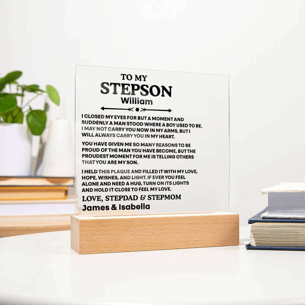 Personalized plaque for a stepson with engraved text on a white background
