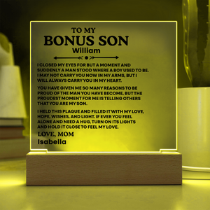 To My Bonus Son Acrylic Plaque from Mom and Dad – Personalized LED Night Light Emotional Gift for Bonus Son