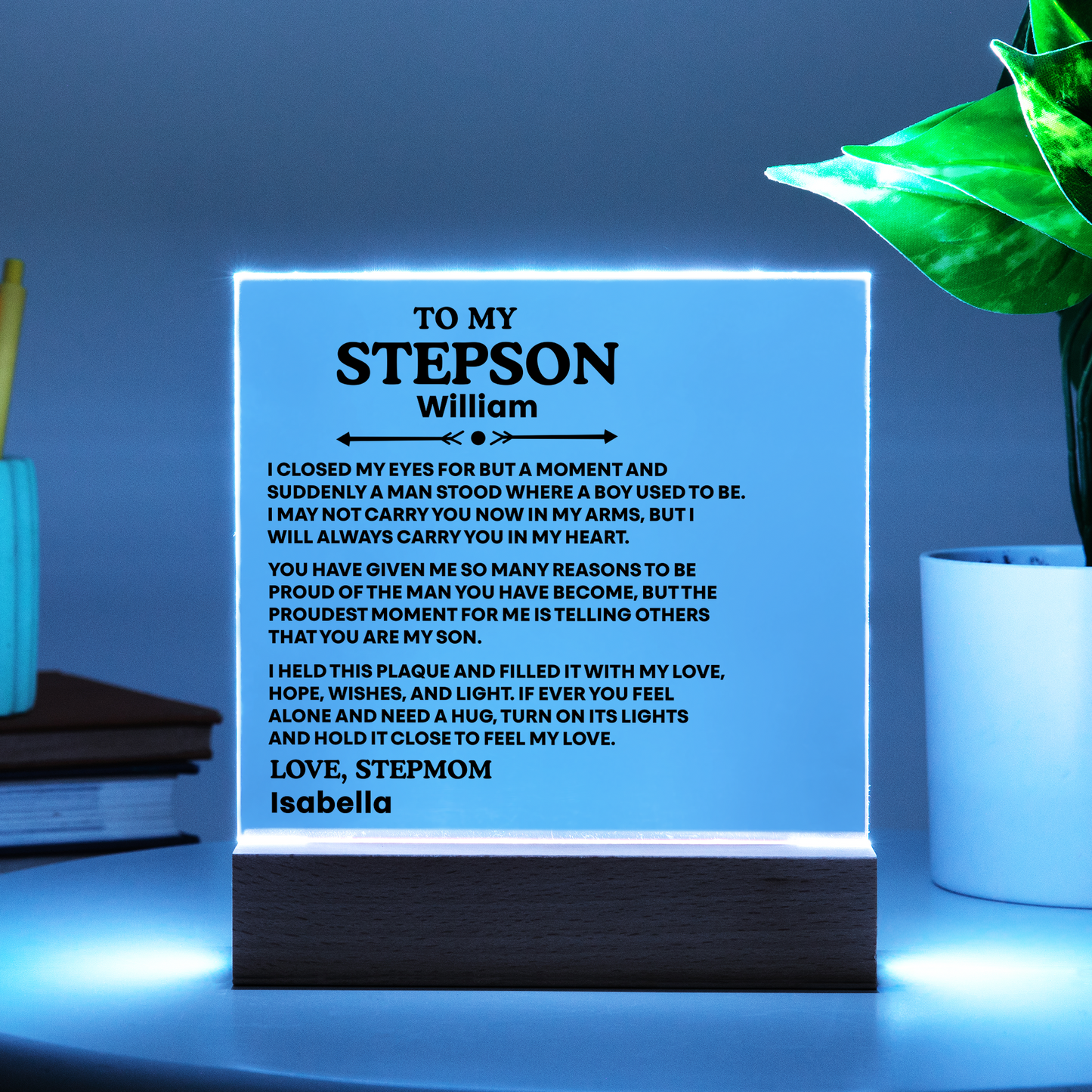To My Stepson Acrylic Plaque from Stepmom and Stepdad – Personalized LED Night Light Gift for Stepson