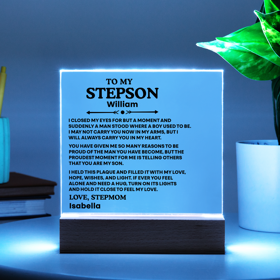 To My Stepson Acrylic Plaque from Stepmom and Stepdad – Personalized LED Night Light Gift for Stepson
