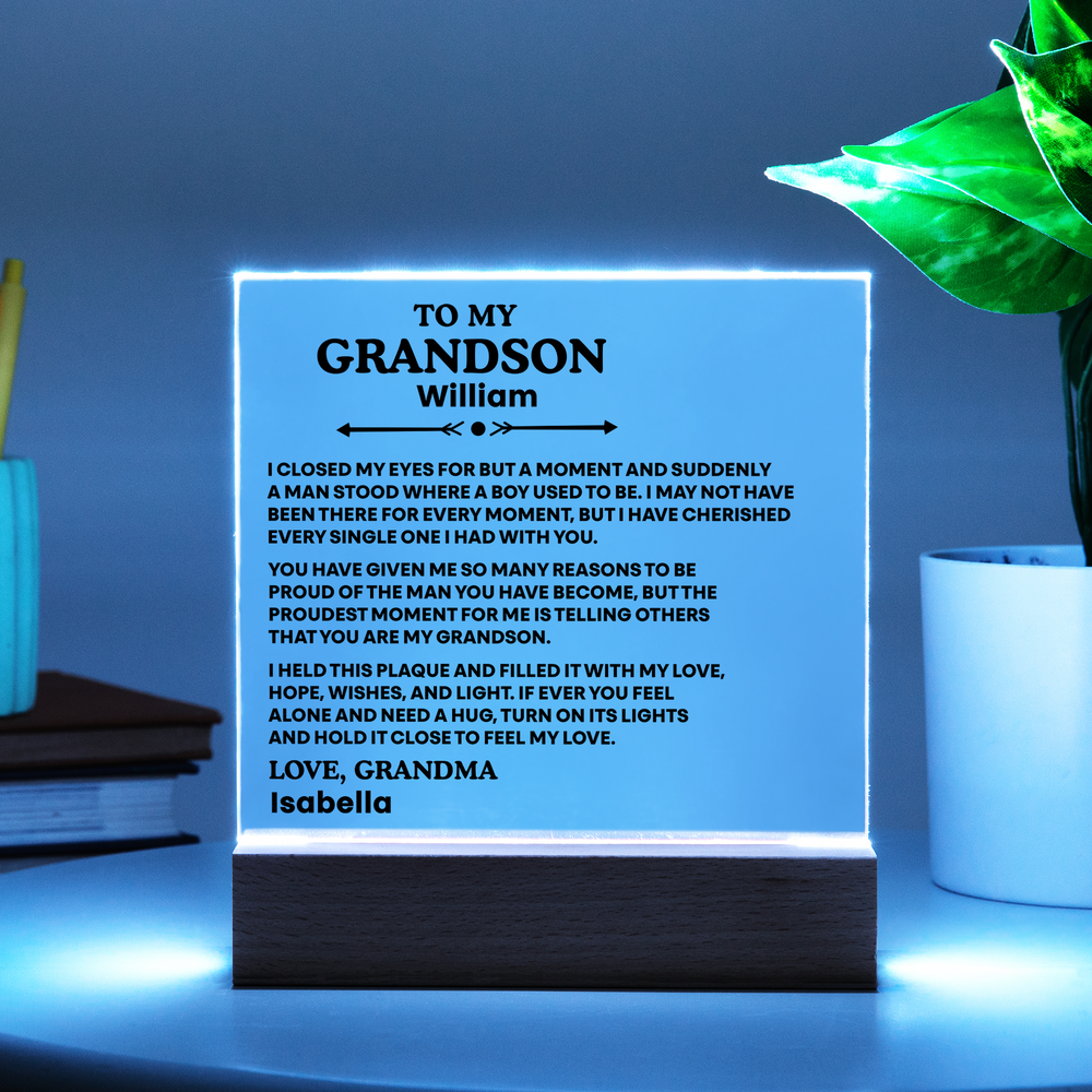 To My Grandson Acrylic Plaque from Grandpa & Grandma – Personalized LED Night Light Gift for Grandson