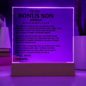 To My Bonus Son Acrylic Plaque from Mom and Dad – Personalized LED Night Light Emotional Gift for Bonus Son