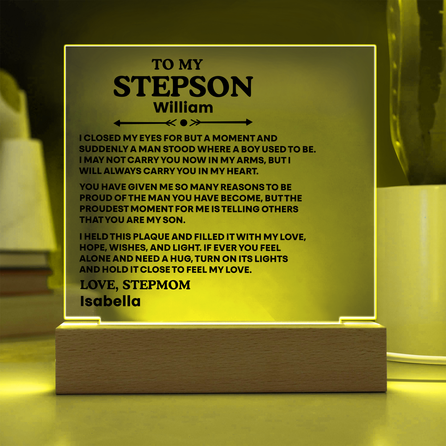 To My Stepson Acrylic Plaque from Stepmom and Stepdad – Personalized LED Night Light Gift for Stepson