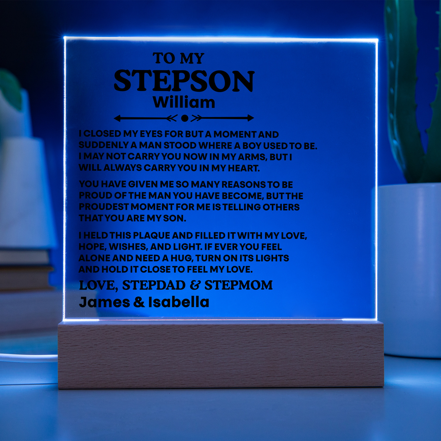 To My Stepson Acrylic Plaque from Stepmom and Stepdad – Personalized LED Night Light Gift for Stepson