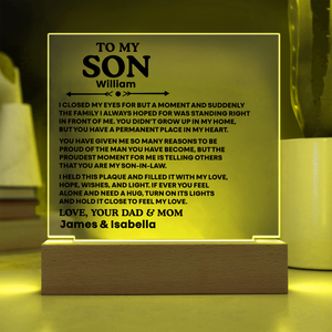 To My Son Acrylic Plaque from Mom and Dad – Emotional Gift for Son | Personalized LED Night Light Keepsake