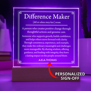 Difference Maker LED Acrylic Plaque – Personalized Night Light Gift for Teacher Mentor Boss with Custom Name