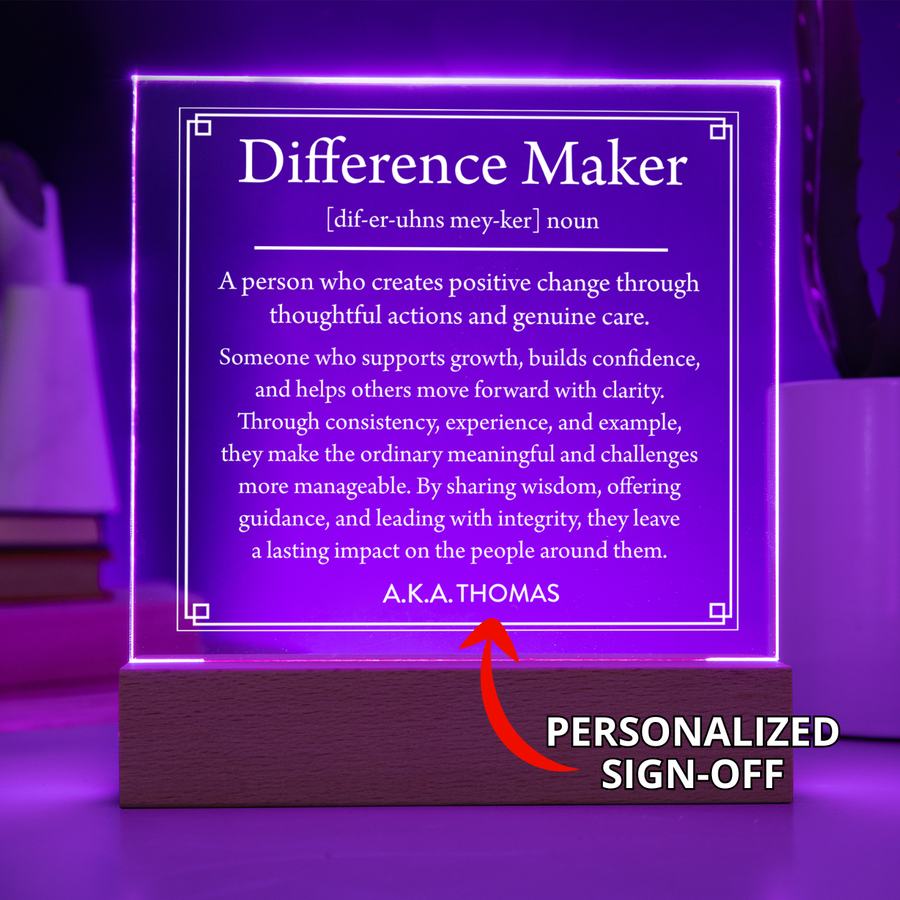 Difference Maker LED Acrylic Plaque – Personalized Night Light Gift for Teacher Mentor Boss with Custom Name